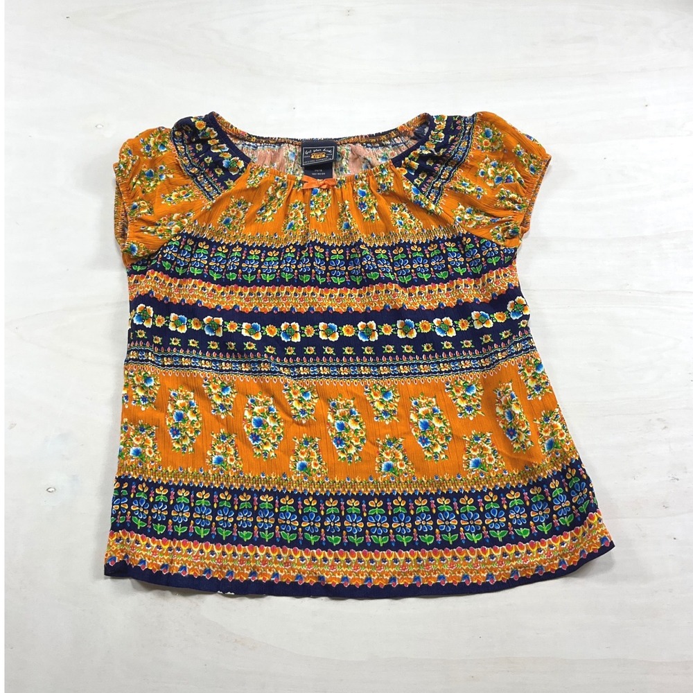 Vintage Route 66 Girls Orange Navy Floral Rayon Peasant Top Blouse Size 14/16 XL